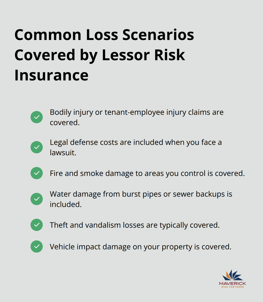 Checklist of typical losses and costs covered by a lessor risk insurance policy for U.S. landlords.